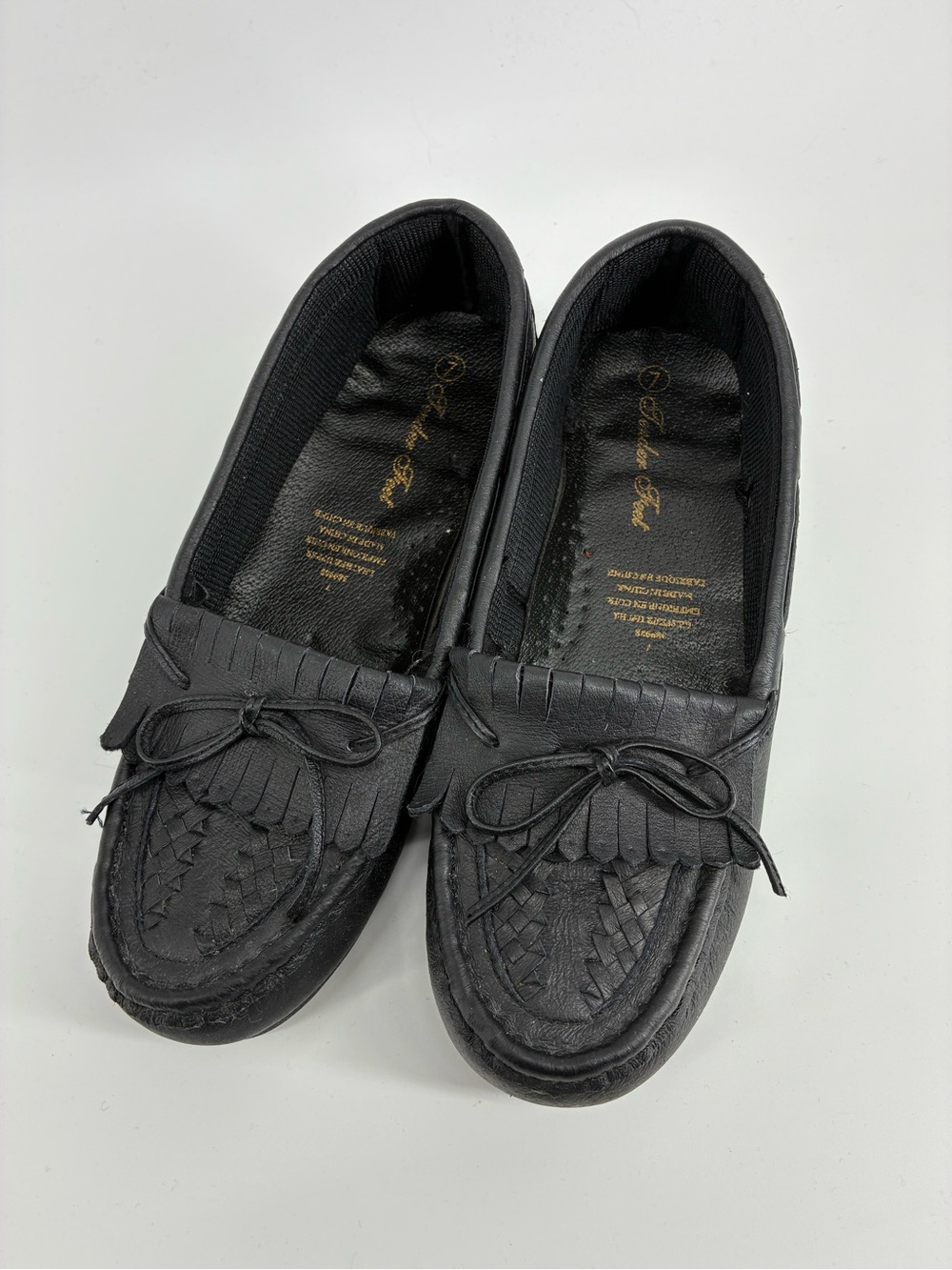 Vintage Tender Feet Black Leather Fringe Slip On Moccasin Loafers - Women